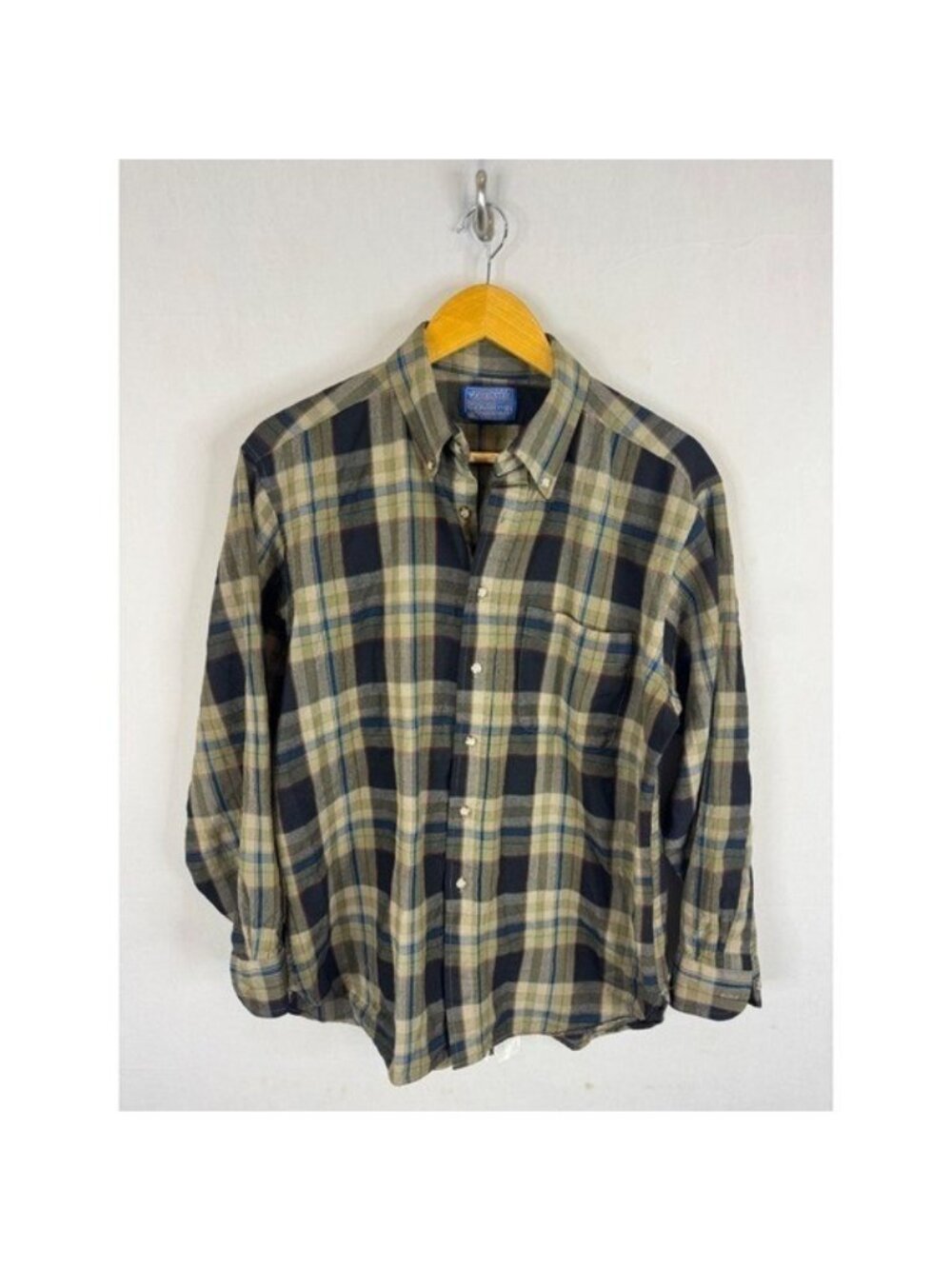 Sir Pendleton Vintage Wool Plaid Button Down Shirt Mens Large Green Blue USA